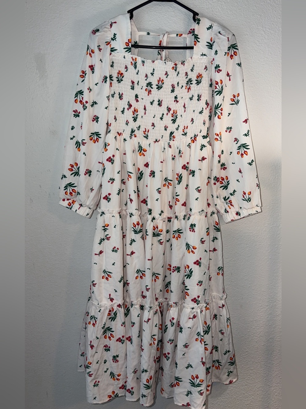 White Floral Smocked Midi Dress